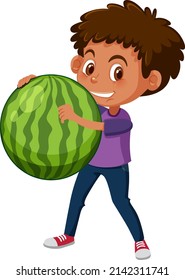 A boy holding fruit on white background illustration