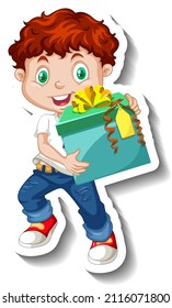 A boy holding gift box in cartoon style illustration