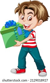 A boy holding a gift box cartoon character on white background illustration