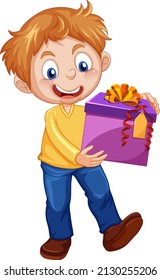 A boy holding a gift box cartoon character on white background illustration