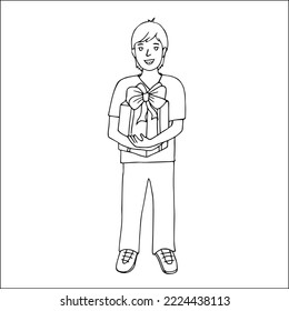 Boy holding a gift box. Hand drawn vector doodle illustration. 
