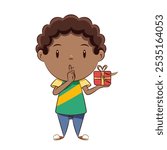 Boy holding gift box, silence gesture