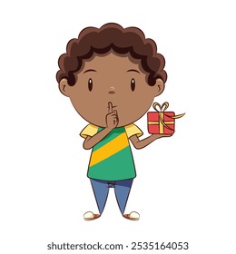 Boy holding gift box, silence gesture