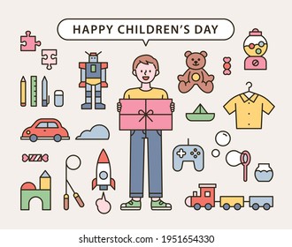 Boy holding a gift box and a toy icon set. flat design style minimal vector illustration.