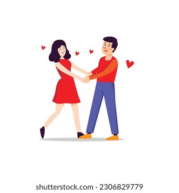 boy holding girl hands in his hands, valentines day vector illustration, boy and girl in red dresses on white background