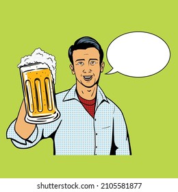 Boy holding a glass of beer in his had and saying something
