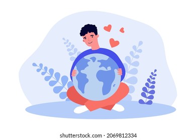 Boy holding globe in hands with love. Male child hugging planet with hearts flat vector illustration. International Earth Day, responsibility concept for banner, website design or landing web page