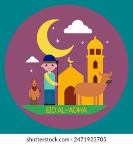 A boy holding a goat and a cow in front of a building with a moon in the background. The poster reads Eid al-Adha