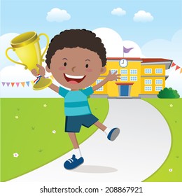 Boy holding gold trophy in front of school building.