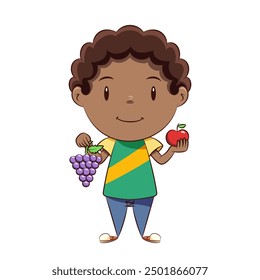 Boy holding grapes and red apple