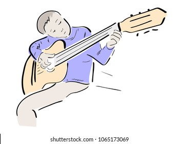The boy is holding a guitar. Colored Vector illustration on a musical theme.