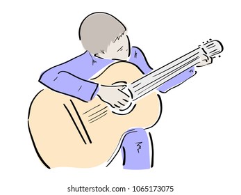 The boy is holding a guitar. Colored Vector illustration on a musical theme.