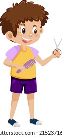 A boy holding haircut tools kit illustration