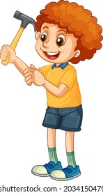 A Boy Holding Hammer On White Background Illustration