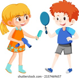 A boy holding hand mirror and a girl holding hair dryer illustration