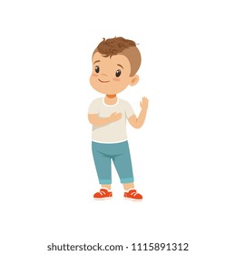 Boy Holding Hand On A Heart Honesty Truth Promise, Boy Character Standing And Gesturing, Vector Illustration On A White Background