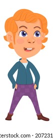 Boy holding hands in pockets. Standing kid with ginger hair