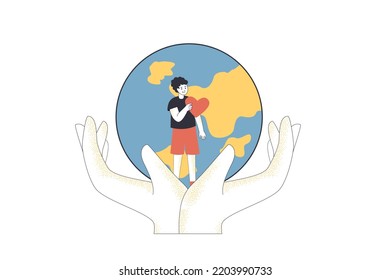 Boy holding heart in background of planet. Earth in caring hands flat vector illustration. Care, love, ecology, environment concept for banner, website design or landing web page