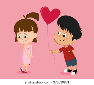 Boy holding heart-shaped balloons to give shy little girl. Vector and illustration.
