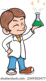 Boy holding his chemistry experiment, vector illustration, cartoon style no background.