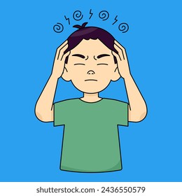 Niño con las manos en la cabeza, con dolor de cabeza, desesperación y estrés por dolor y migraña