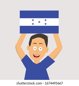 Junge hält die Flagge von Honduras. Vektorillustration.