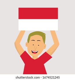niño sostiene una bandera indonesia. ilustración vectorial.