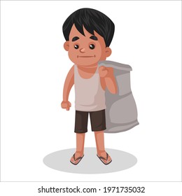 Boy is holding a jute bag on his shoulder. Vector graphic illustration. Individually on a white background.