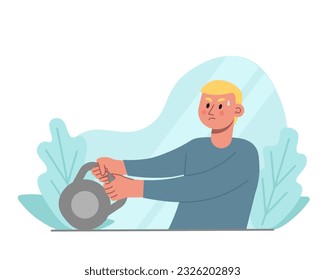 Boy holding kettle bell and training. Cartoon character doing sports exercises. Regular physical activity. Active and healthy lifestyle concept. Flat vector illustration in blue colors