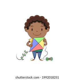 Boy holding kite, happy cute child