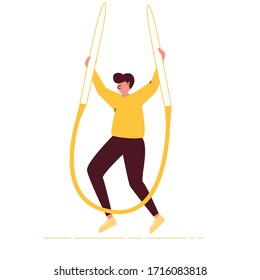 Boy is holding knitting needles. 
Online knitting store vector illustration. Purple and red person.