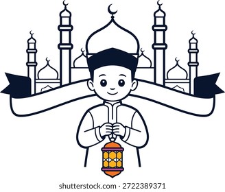 Muchacho que sostiene la linterna delante del diseño islámico del niño de mezquita.