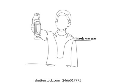 Junge, der eine Laterne hält. Einzeilige Zeichnung des islamischen Neujahrskonzepts