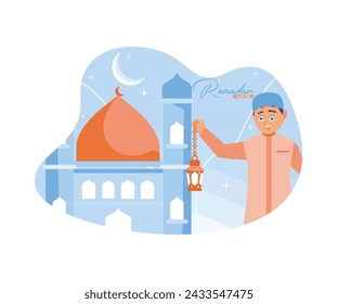 Boy holding a lantern. Mosques, stars, and a crescent moon are in the background. Ramadan Kareem and Ramadan Mubarak greeting design concept. flat vector modern illustration