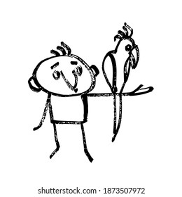 The boy is holding a large parrot on his hand. A hand-drawn character. Caricature. Vector illustration