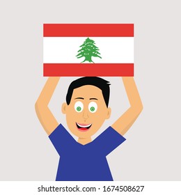 boy is holding lebanon flag. vector illustration.
