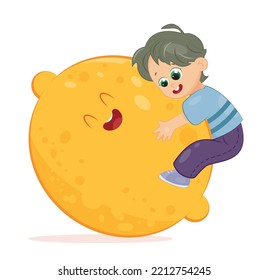 Boy holding lemon. Charming schoolboy hugging big and yellow fruit. Happy character with fresh and organic product. Vitamin and trace elements. Poster or banner. Cartoon flat vector illustration