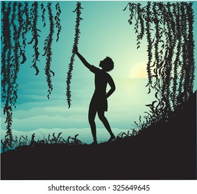 Boy holding liana silhouette in the cave and look at beautiful sea morning and sun rise, Peter Pan, vector.