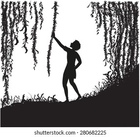 Boy holding liana  silhouette in jungle, Peter Pan, vector.