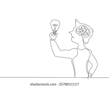 A boy holding a light bulb continuous one line hand drawing isolated on white background, head and brain, Education, Creativity and ideas concept, Vector illustration, Editable stroke