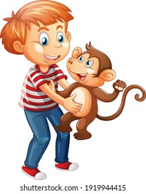 Boy holding a little monkey isolated on white background illustration
