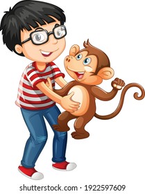 Boy holding a little monkey isolated on white background illustration