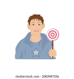 The boy is holding a lollipop. Graphic drawing in a flat style.