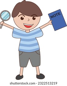 Boy holding magnifier and book