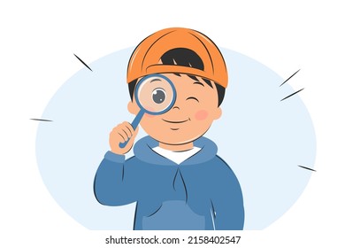 Boy holding magnifying glass. Child using magnifier for learning, study. Vector Illustration.