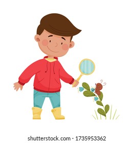 Boy Holding Magnifying Glass Exploring Environment Vector Illustration