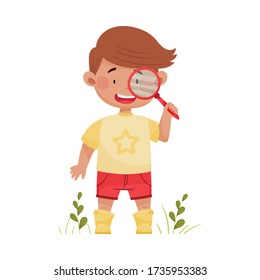 Boy Holding Magnifying Glass Exploring Environment Vector Illustration
