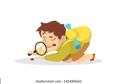 Boy Holding Magnifying Glass And Looking At The Small Bug. Child On The Nature. Exciting Hobby. Isolated Vector Illustration In Cartoon Style