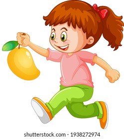 Ein Junge, der Mango-Fruchtcartoon hält, einzeln auf weißem Hintergrund