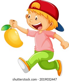 A boy holding mango fruit cartoon character isolated on white background illustration